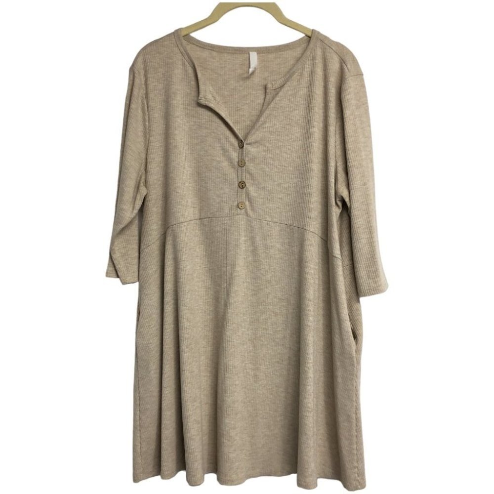 Native People ribbed Oatmeal beige half sleeve henley buttoned tunic OS